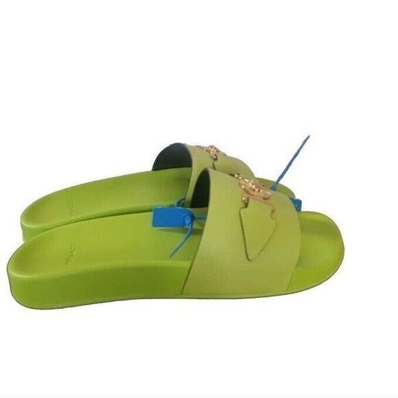 NEW Versace Gold MEDUSA HEAD Men Rubber Pool Slides Citron Green Size 10